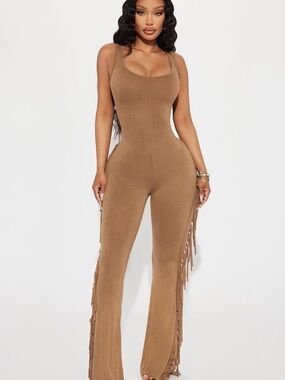 Cute Country Western Cowgirl Sleeveless Fringe Jumpsuit in Brown